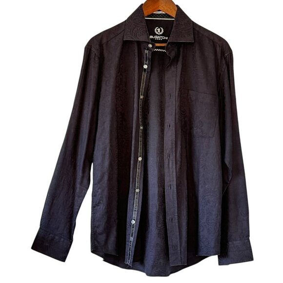 Bugatchi Men's Julian Shirt Jet Black Jacquard has Contrast Cuffs Shaped Fit  16 - Picture 2 of 9